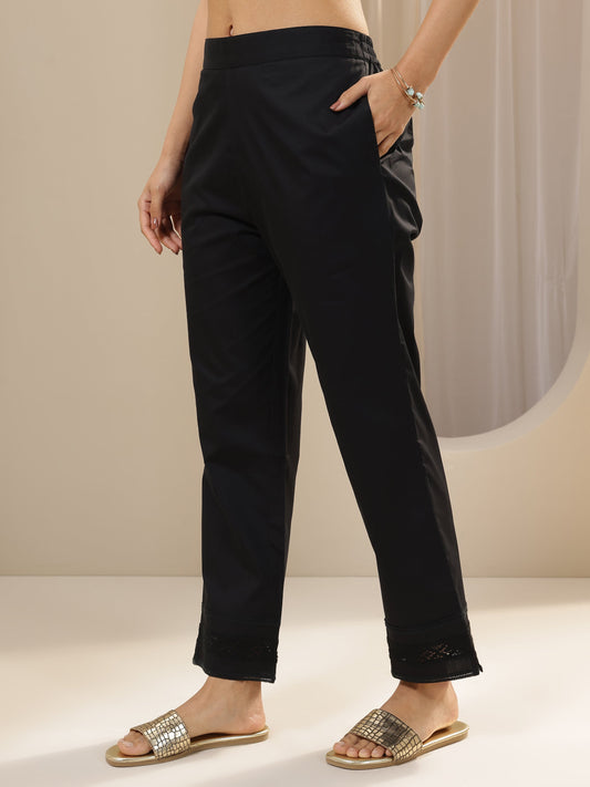 Black Solid Cotton Trousers
