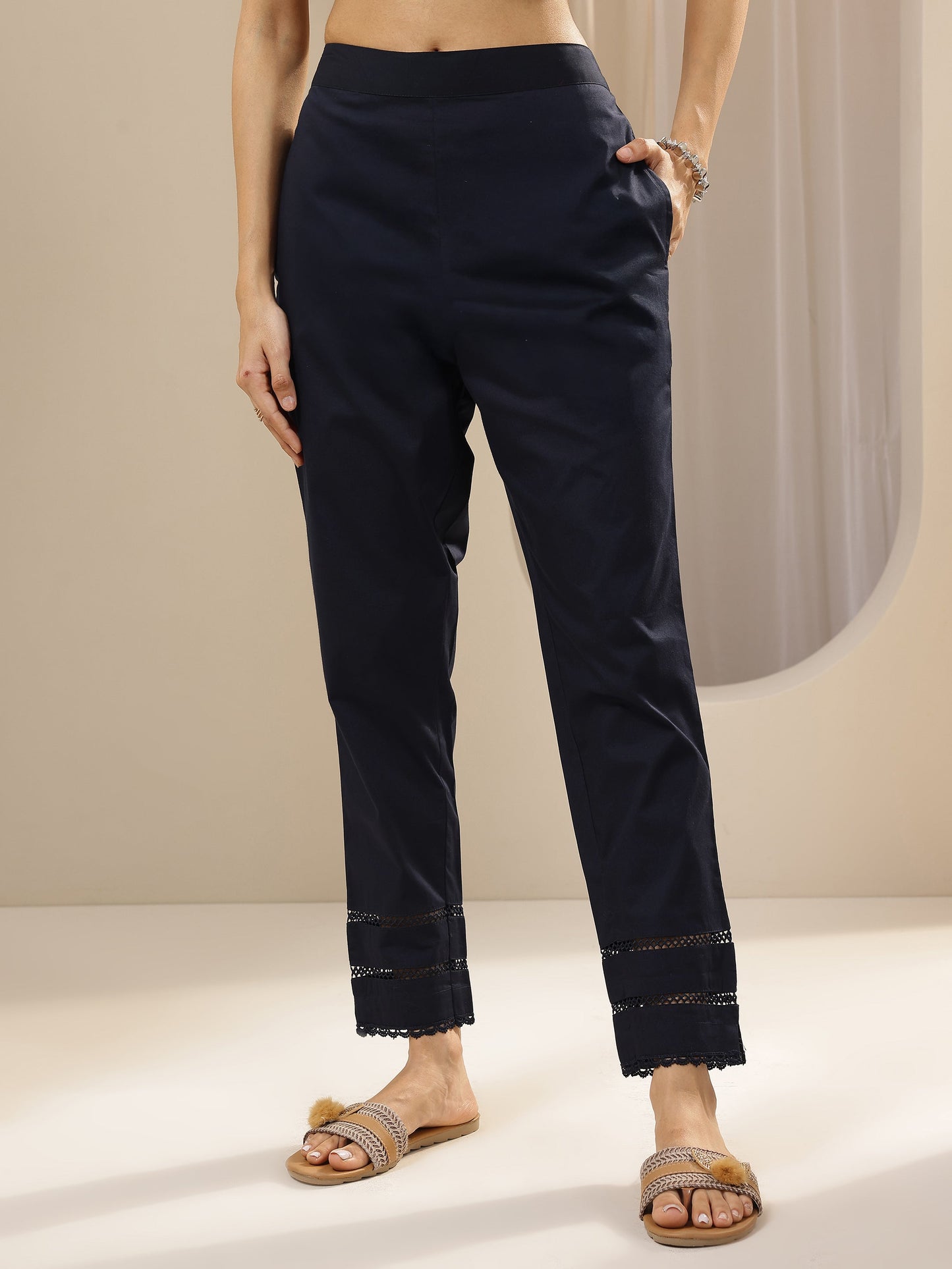 Blue Solid Cotton Trousers