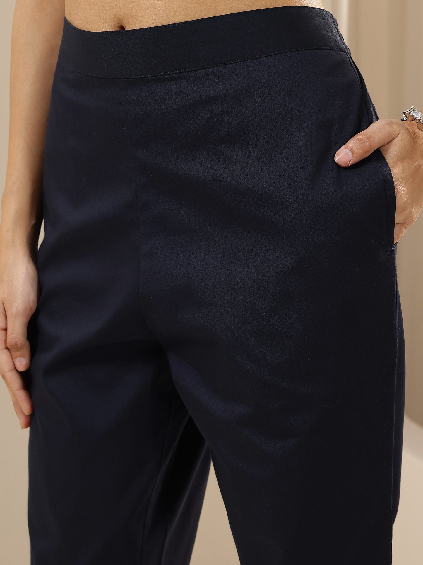 Blue Solid Cotton Trousers