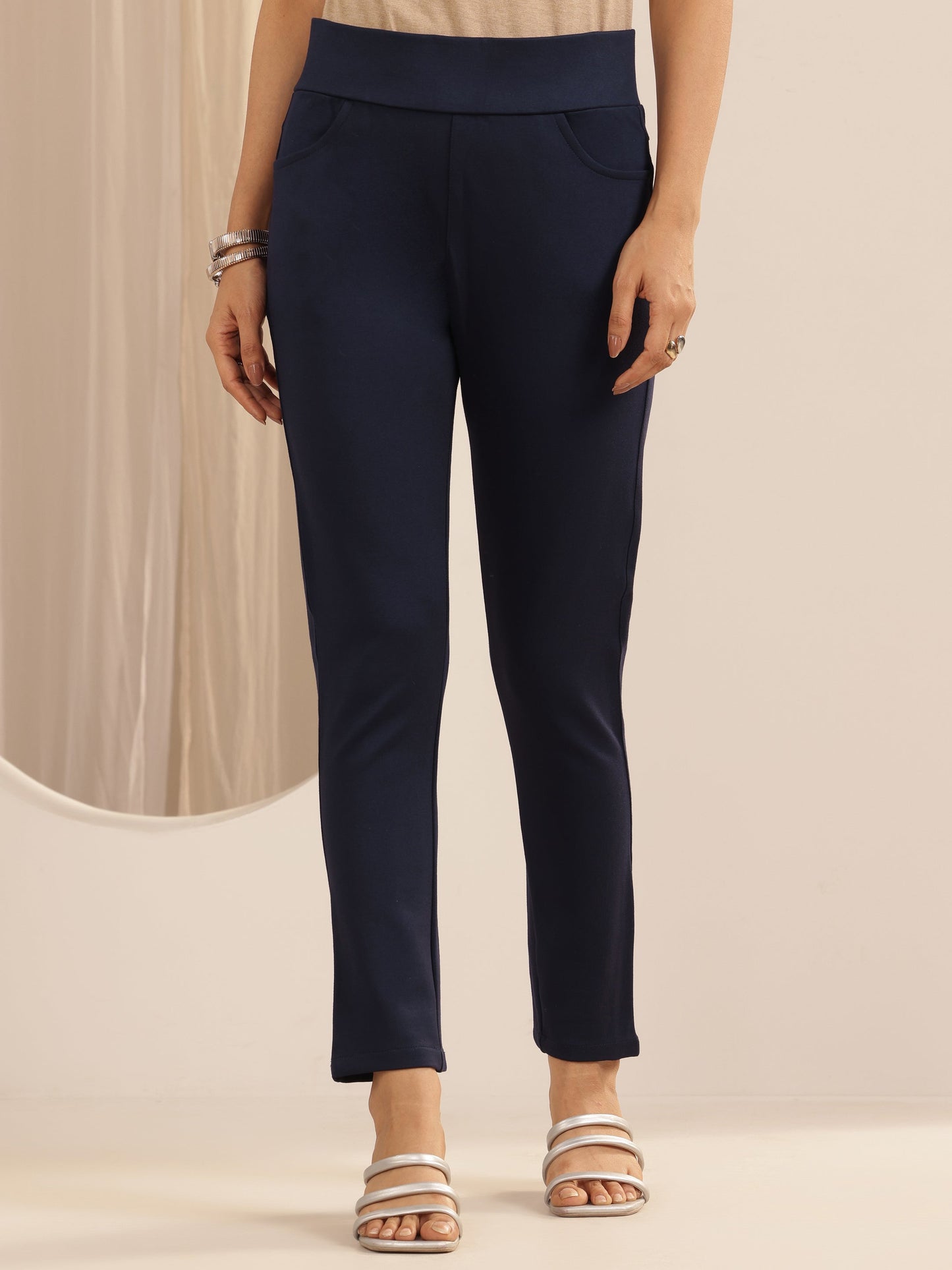 Navy Blue  Solid Rayon Blend Jegging