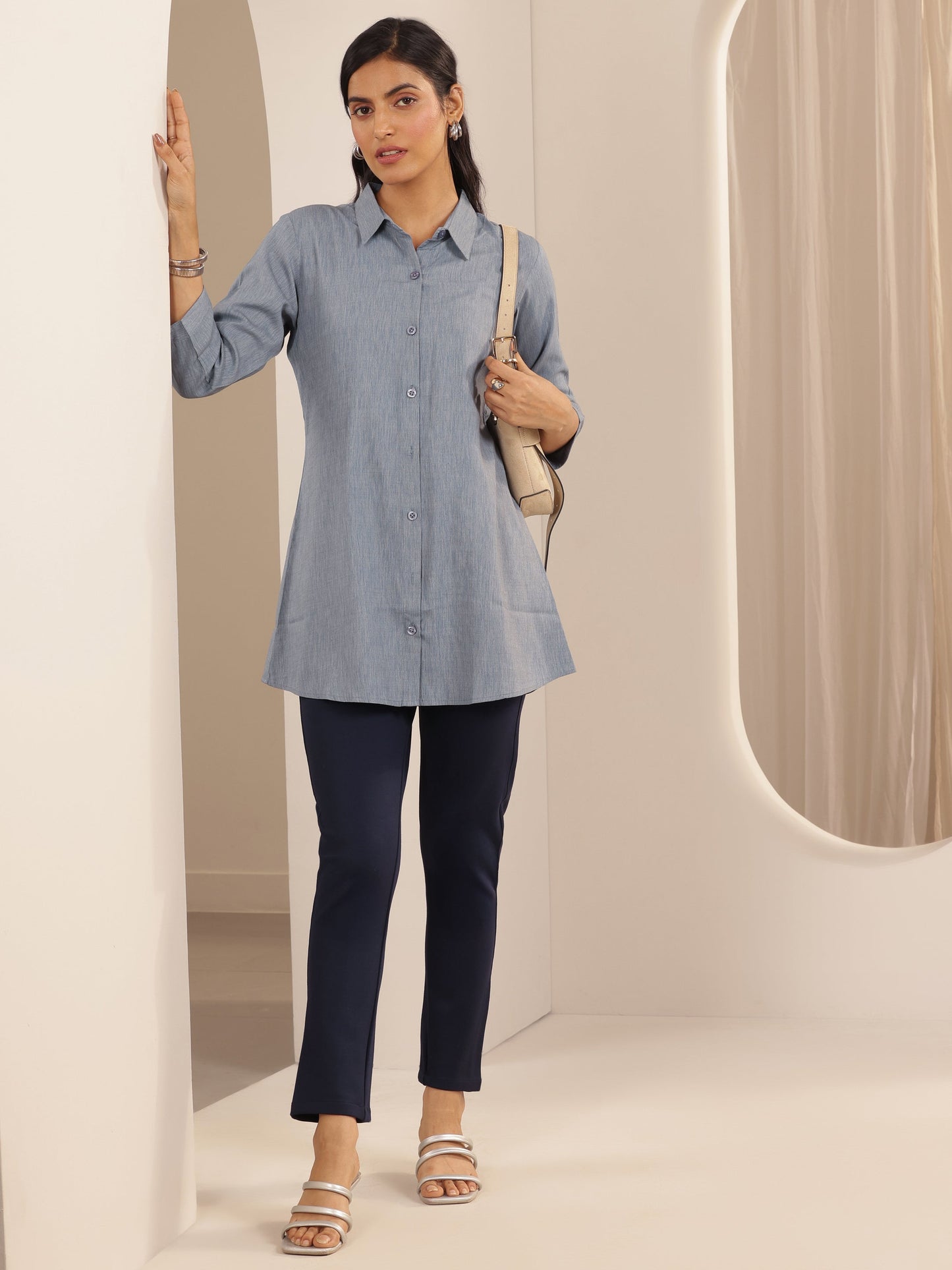 Navy Blue  Solid Rayon Blend Jegging