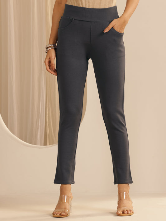 Charcoal Grey Solid Rayon Blend Jegging
