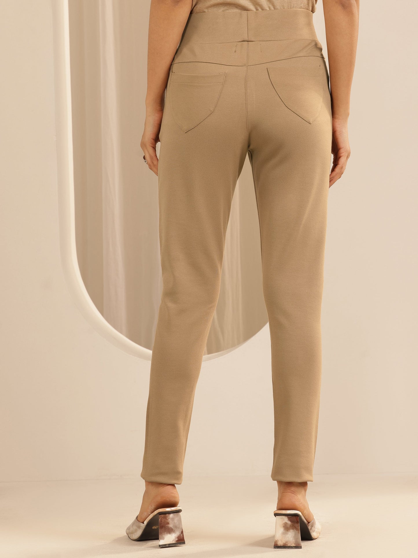 Beige Solid Rayon Blend Jegging