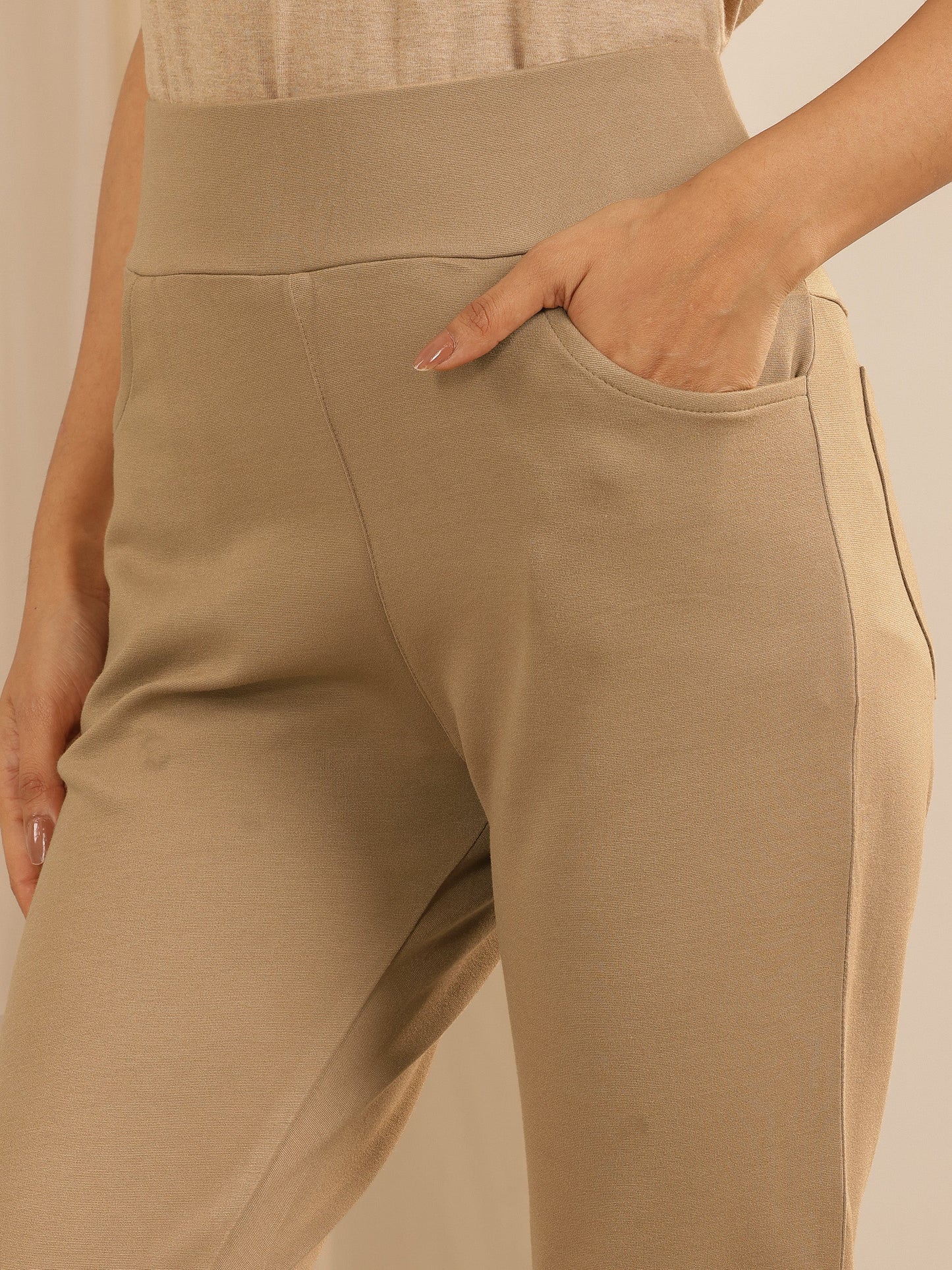 Beige Solid Rayon Blend Jegging