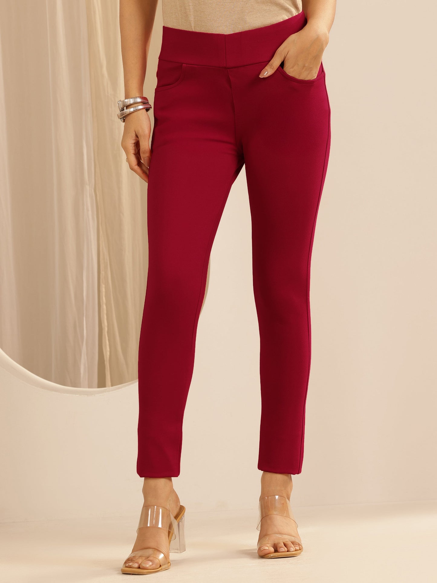 Red Solid Rayon Blend Jegging