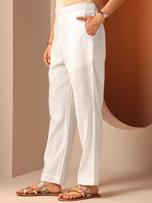 White Solid Silk Blend Trouser