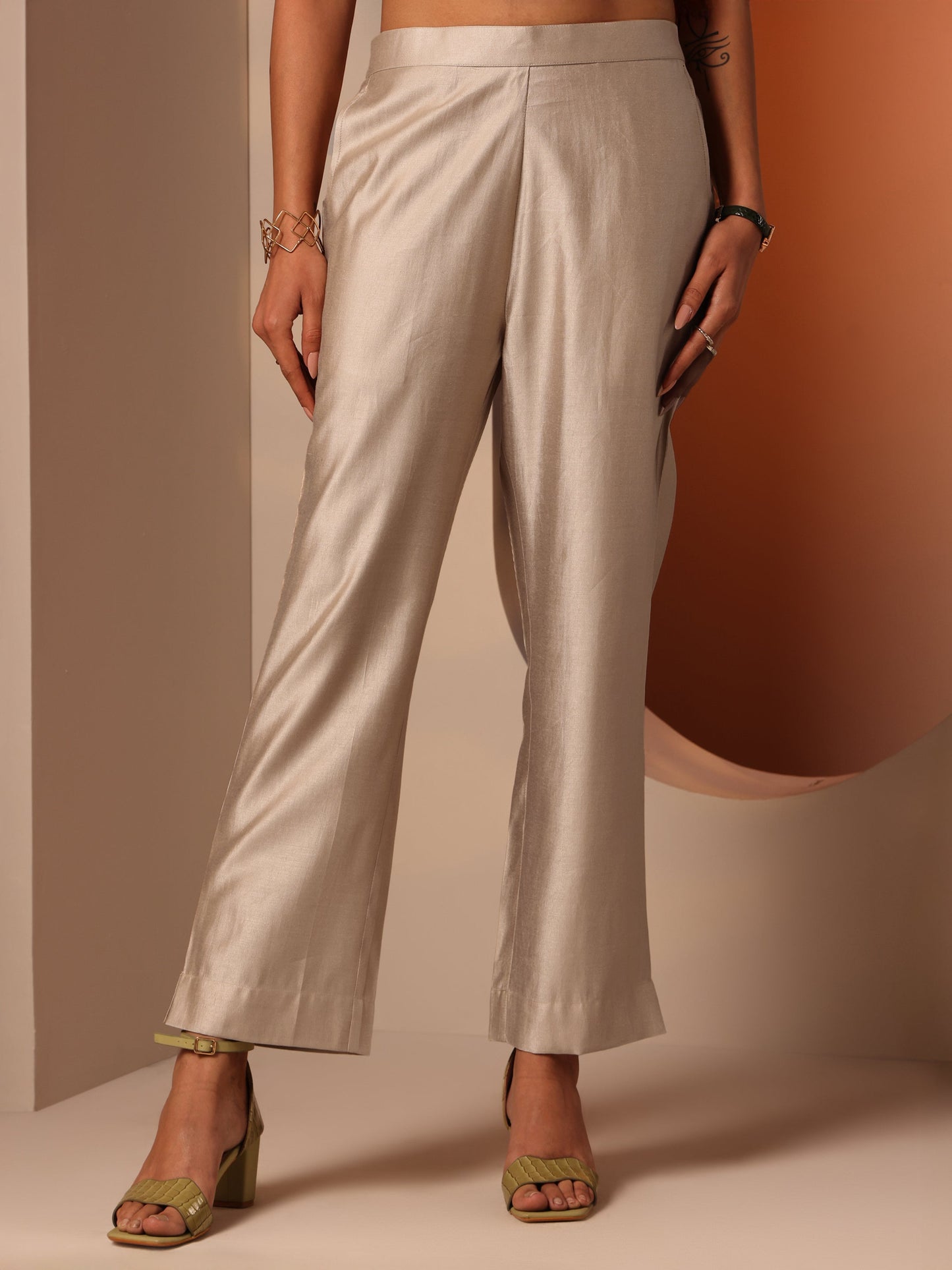 Beige Solid Silk blend Trouser