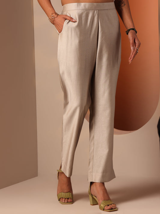 Beige Solid Silk blend Trouser
