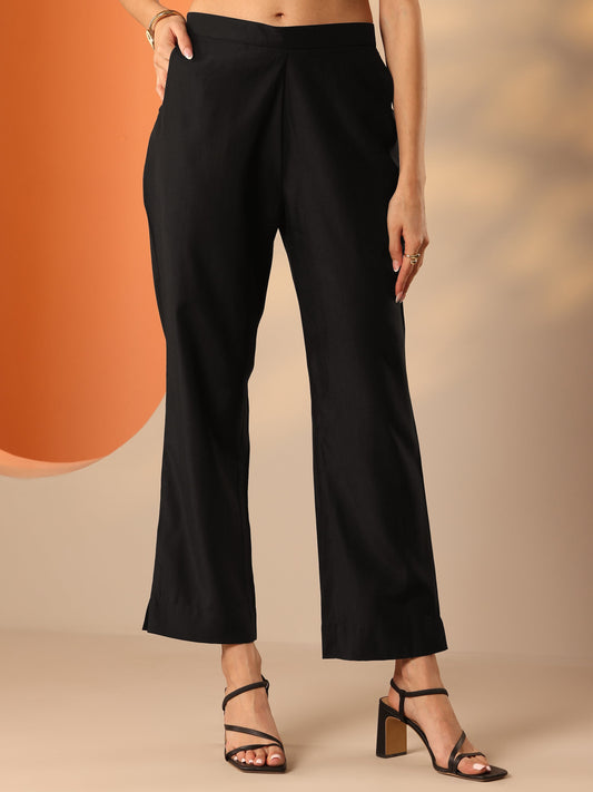Black Solid Silk Blend Trouser
