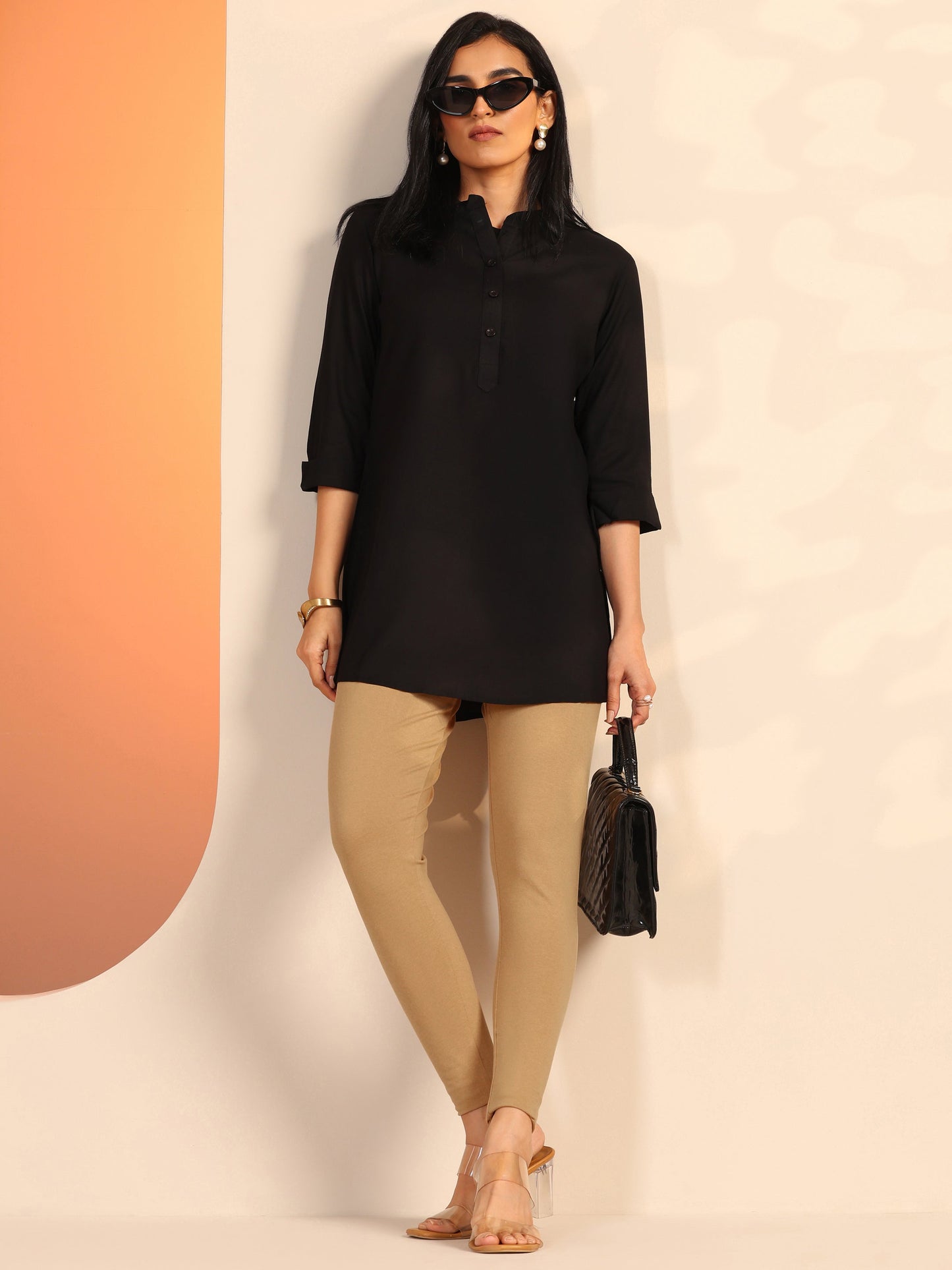 Beige Solid Cotton Blend Legging