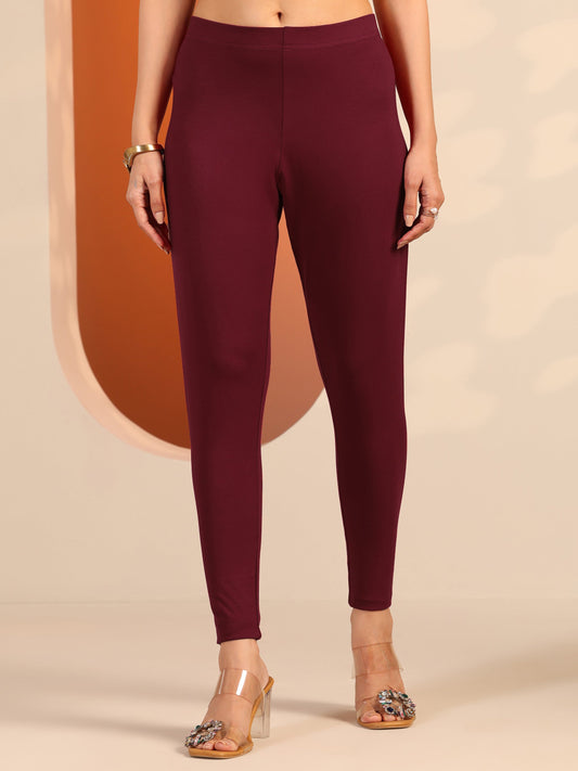 Maroon Solid Cotton Blend Legging