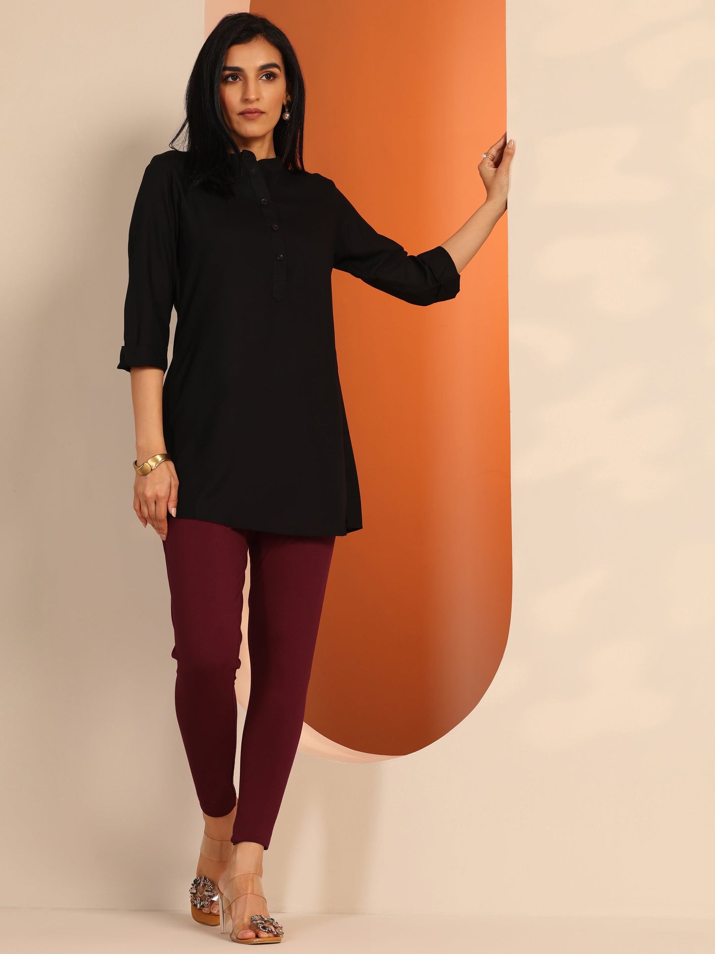 Maroon Solid Cotton Blend Legging