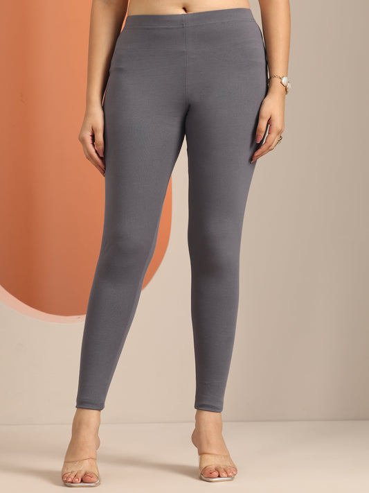 Grey Solid Cotton Blend Leggings