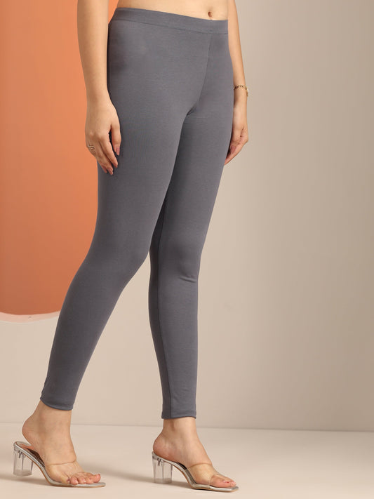 Grey Solid Cotton Blend Leggings