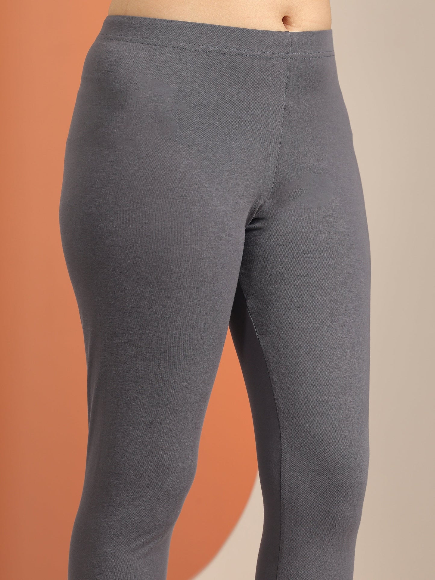 Grey Solid Cotton Blend Leggings