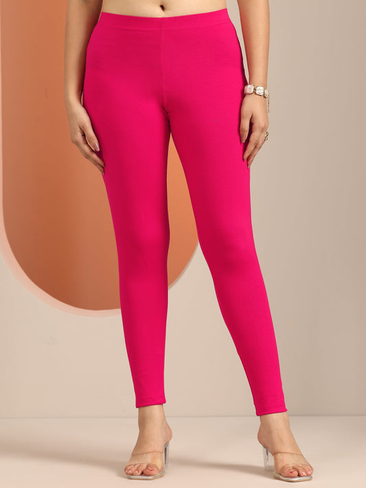 Pink Solid Cotton Blend Leggings