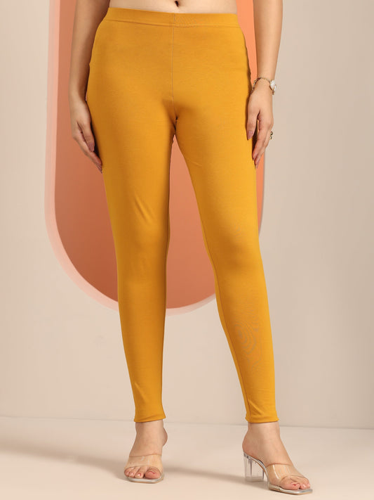 Mustard Solid Cotton Blend Leggings