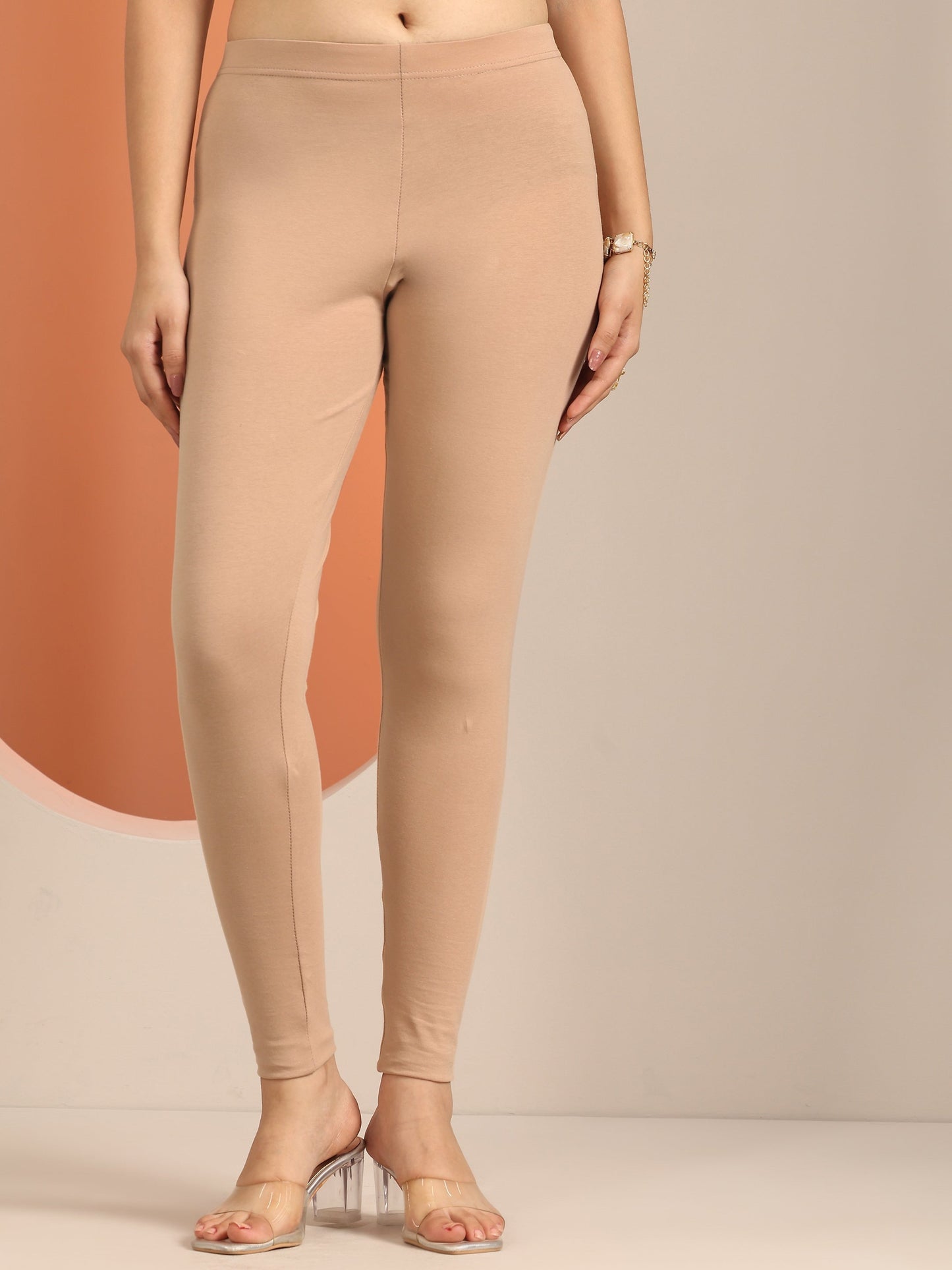 Beige Solid Cotton Blend Leggings
