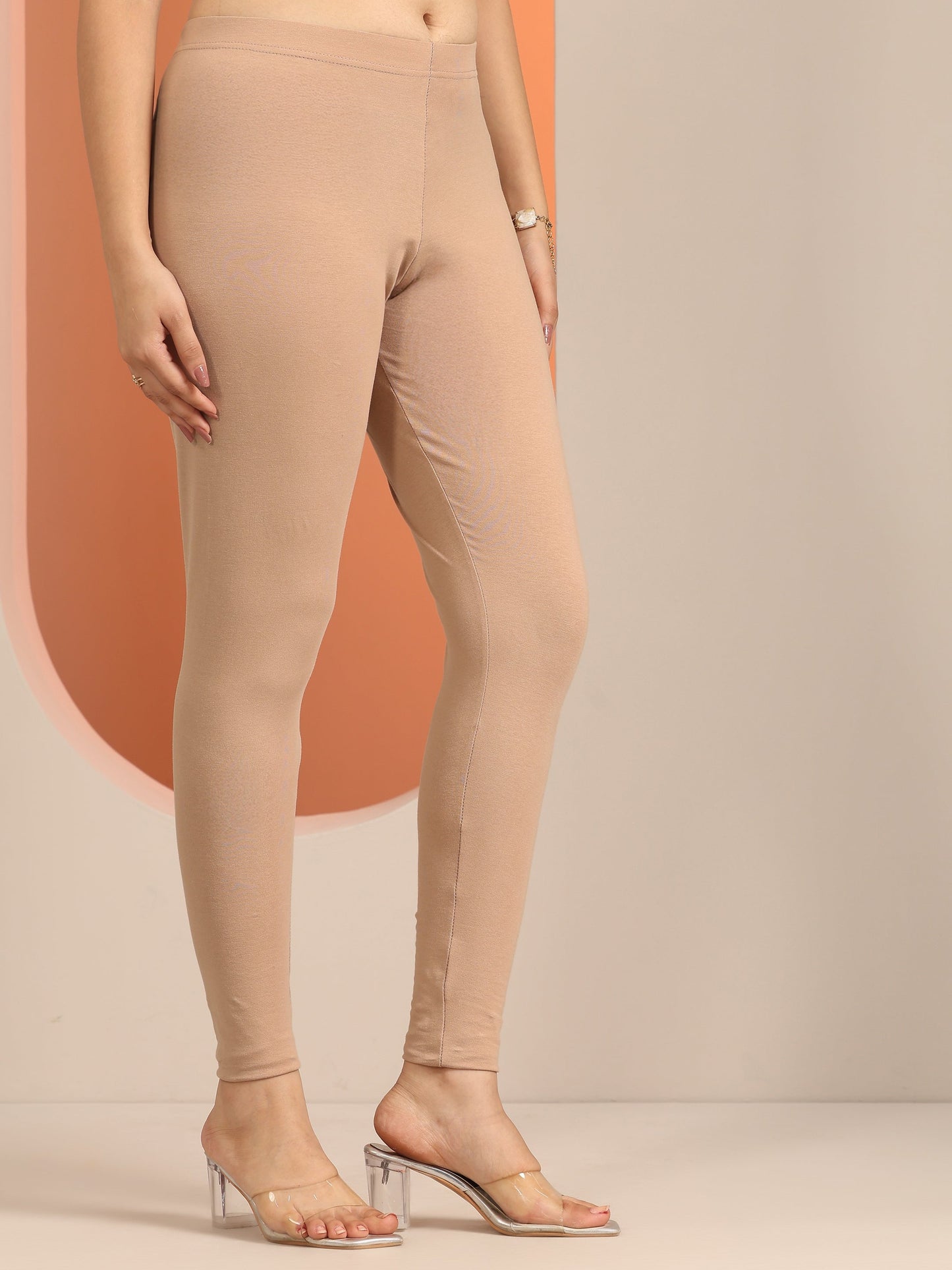 Beige Solid Cotton Blend Leggings