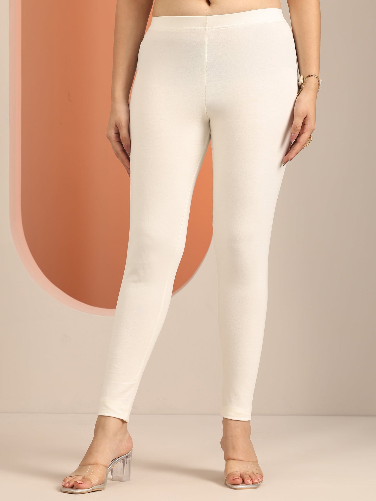 Cream Solid Cotton Blend Leggings