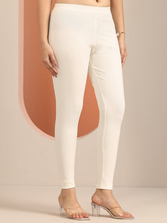 Cream Solid Cotton Blend Leggings