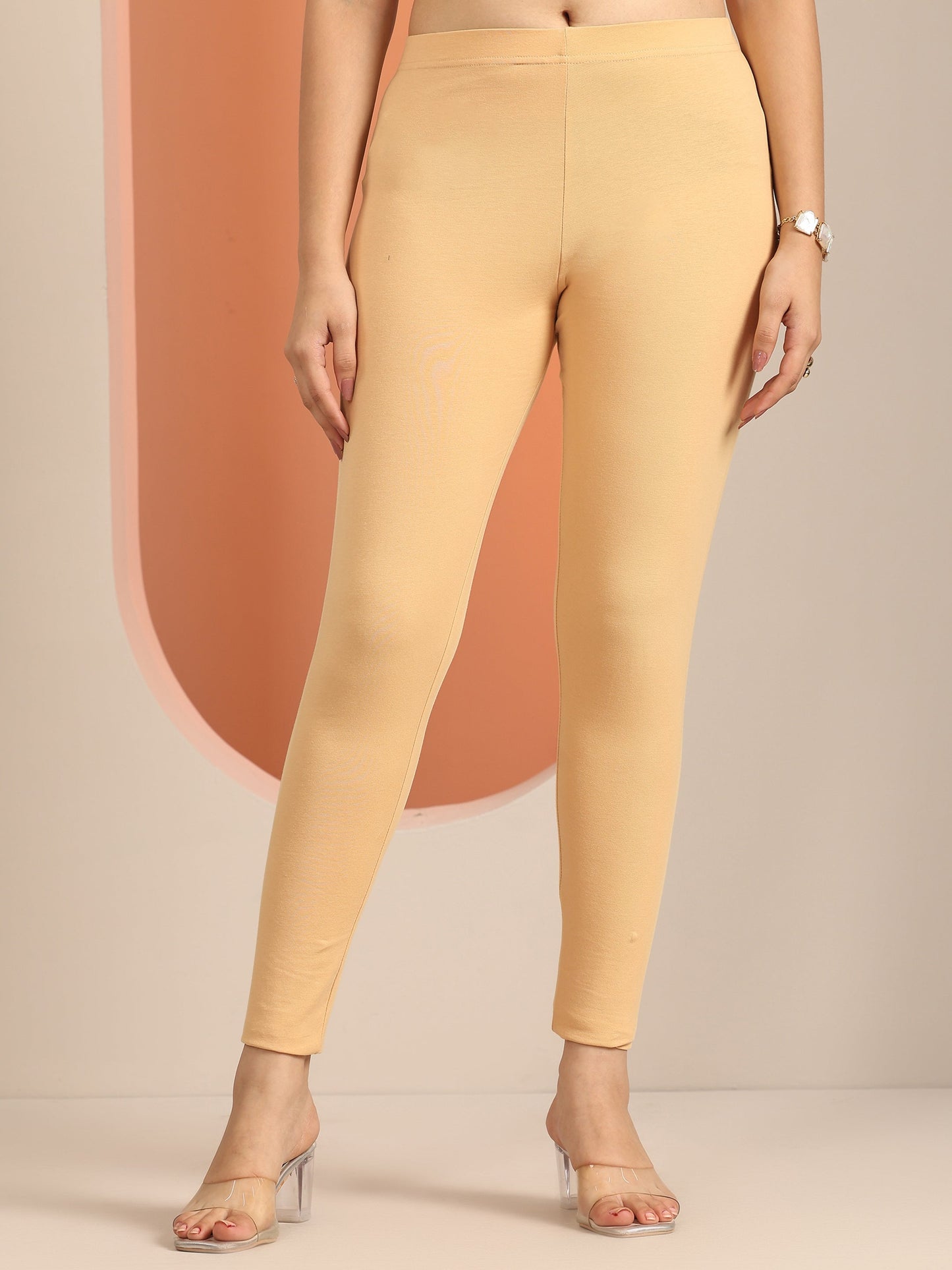 Beige Solid Cotton Blend Leggings