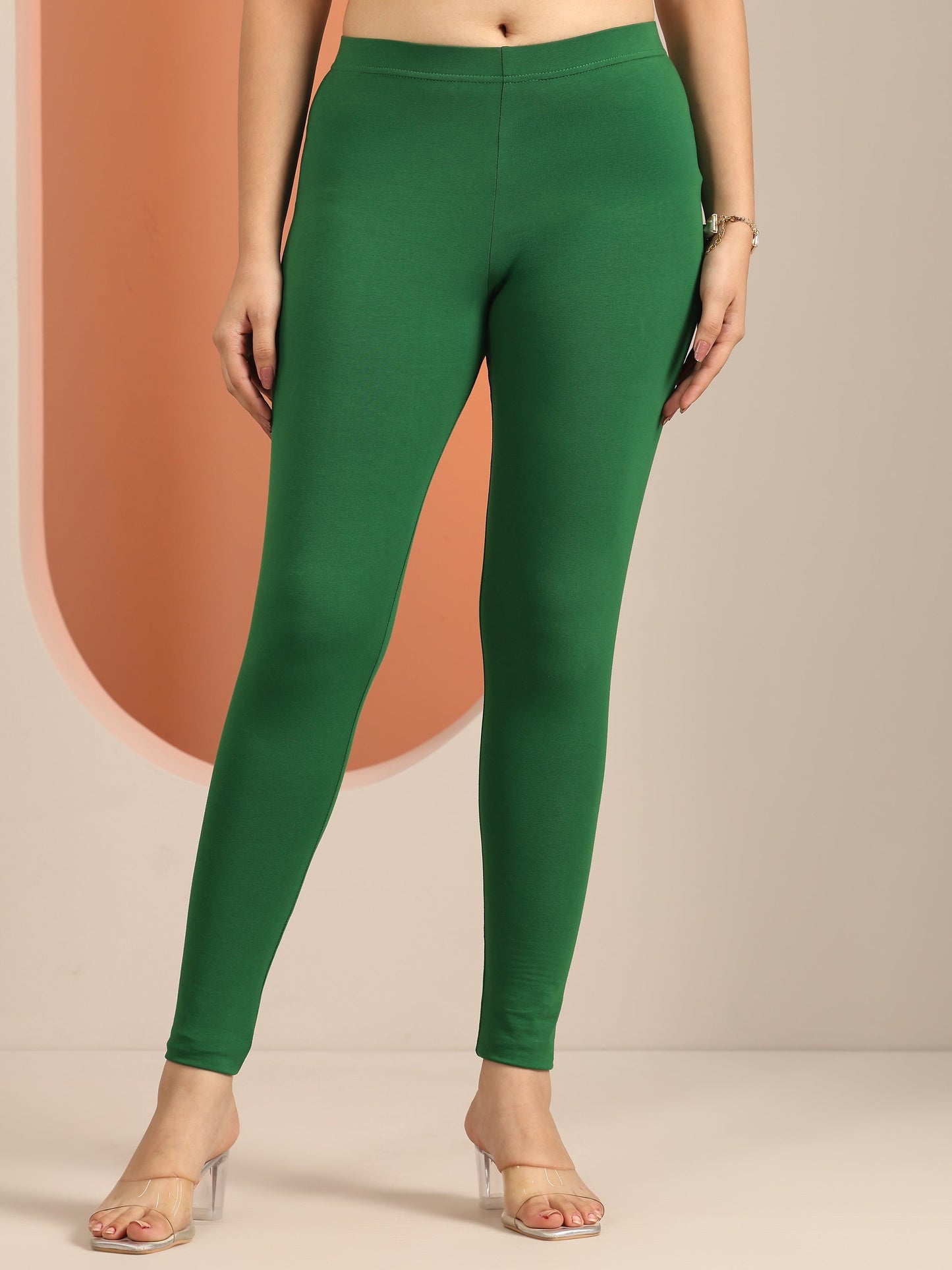 Green Solid Cotton Blend Leggings