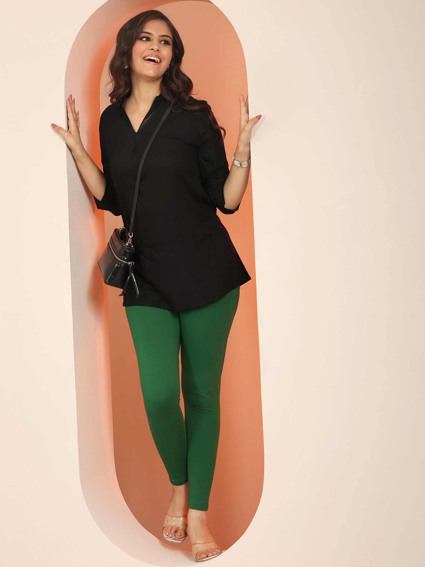 Green Solid Cotton Blend Leggings