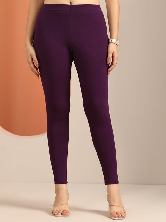 Burgundy Solid Cotton Blend Leggings