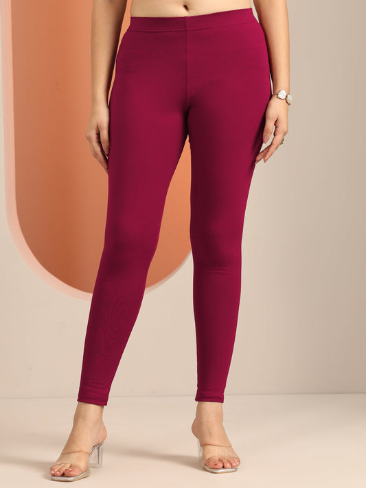 Maroon Solid Cotton Blend Leggings