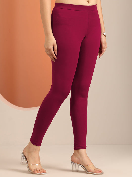 Maroon Solid Cotton Blend Leggings