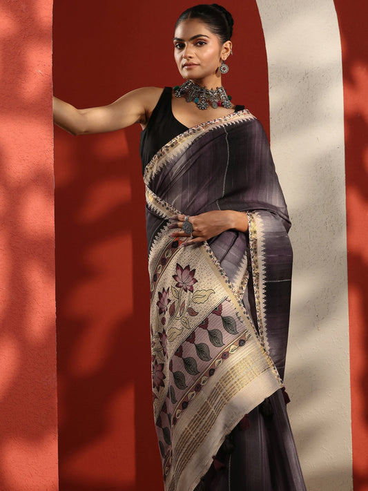 Purple Printed Silk Blend Sarees With Unstitched Blouse Piece