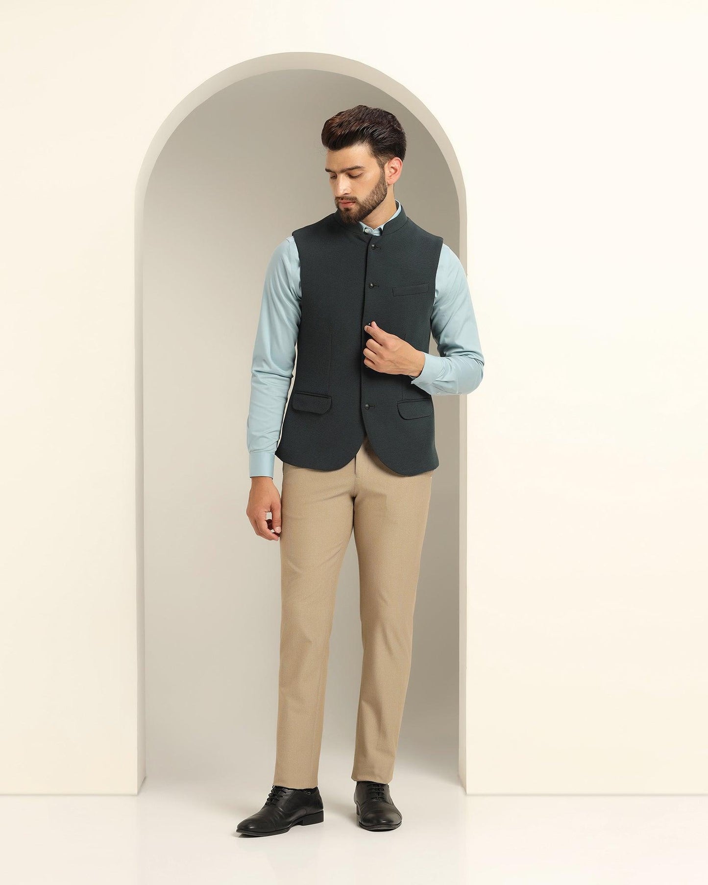 Bandhgala Formal Bottle Green Textured Waistcoat - Echo