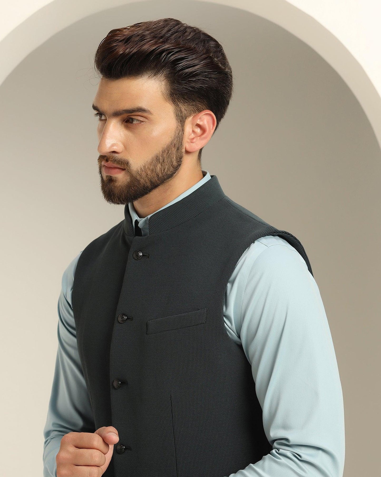 Bandhgala Formal Bottle Green Textured Waistcoat - Echo
