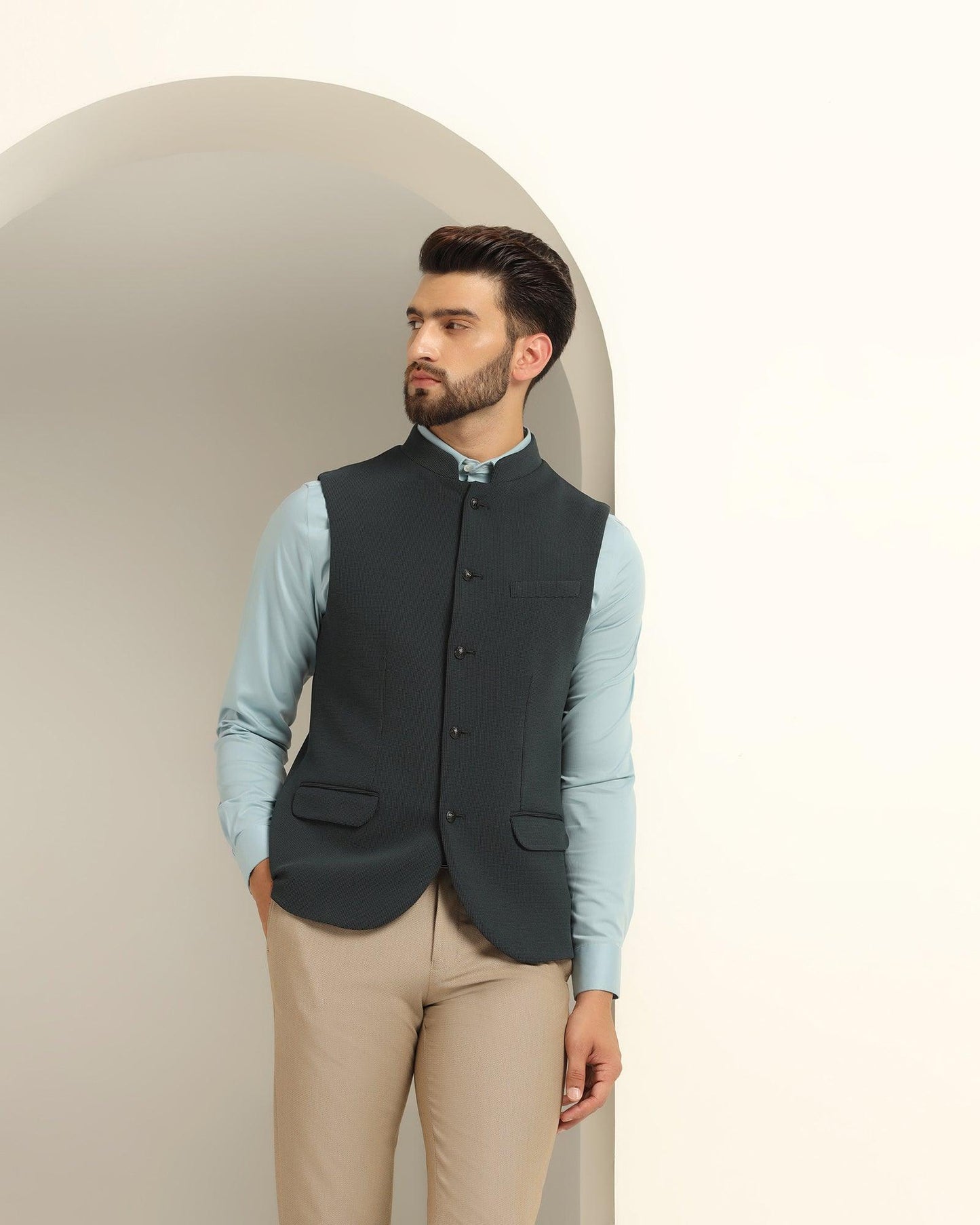 Bandhgala Formal Bottle Green Textured Waistcoat - Echo