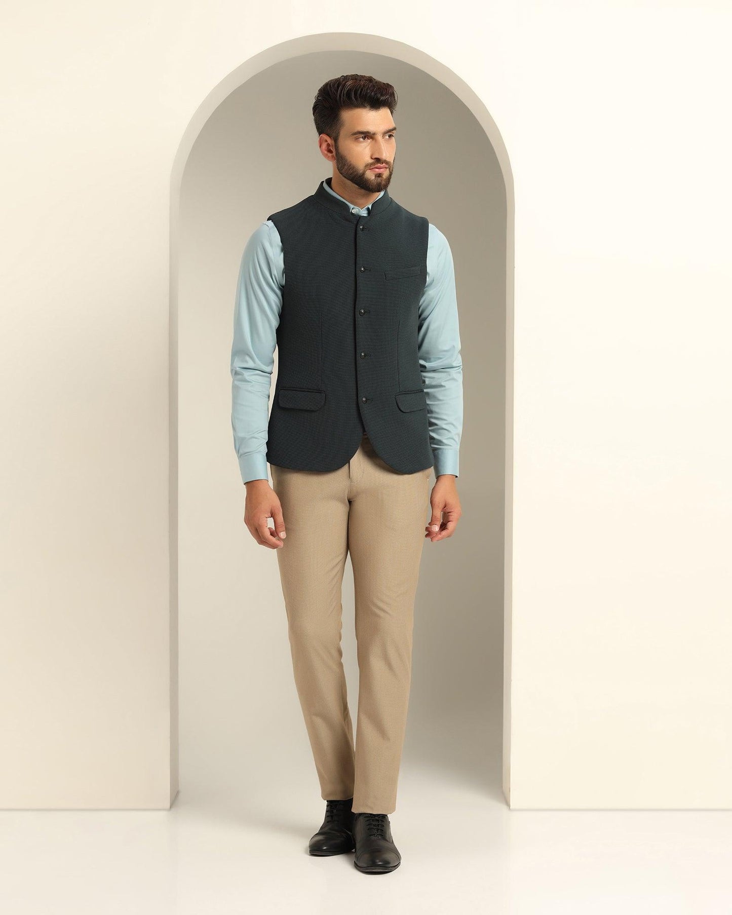 Bandhgala Formal Bottle Green Textured Waistcoat - Echo