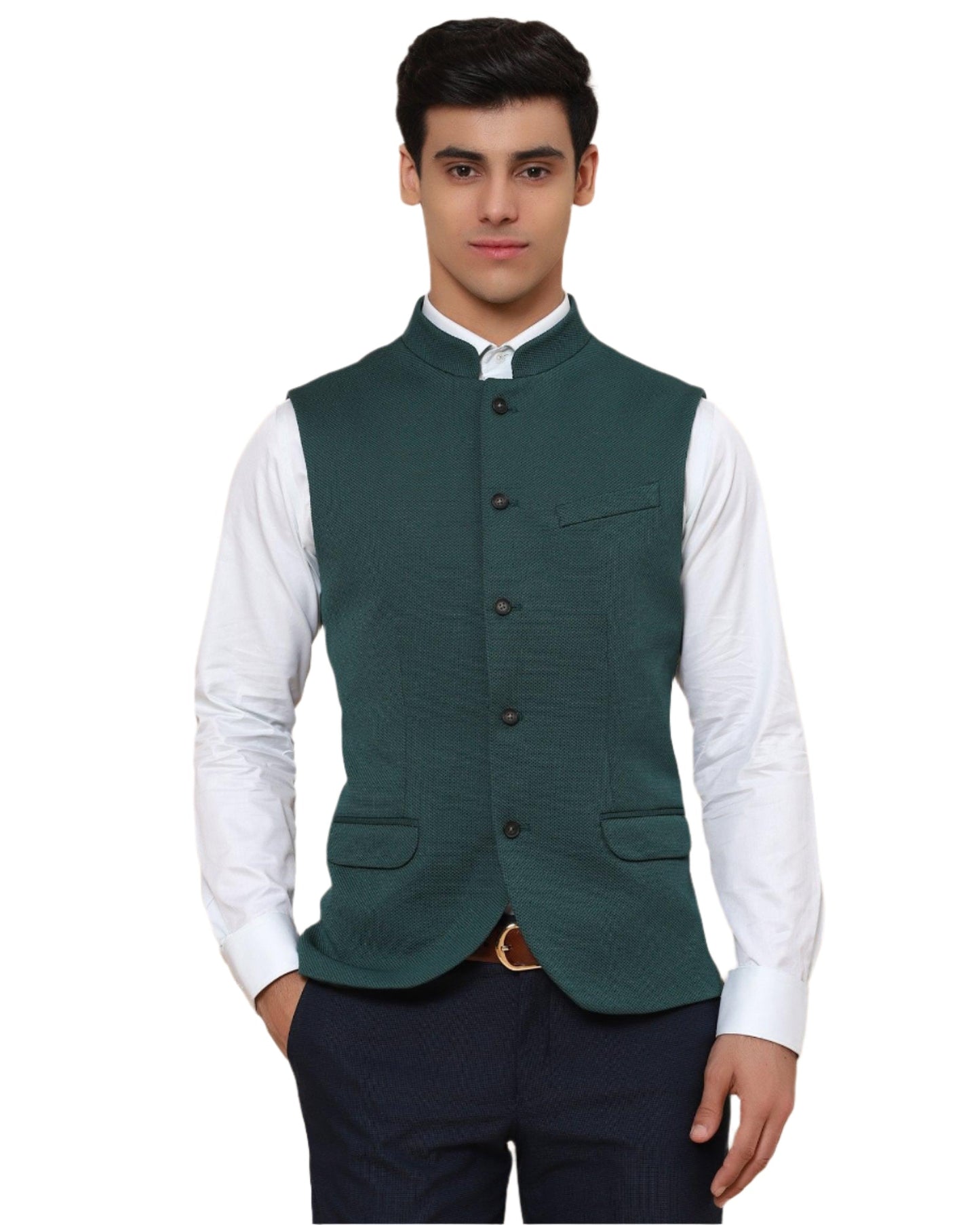 Bandhgala Formal Dark Green Textured Waistcoat - Vann