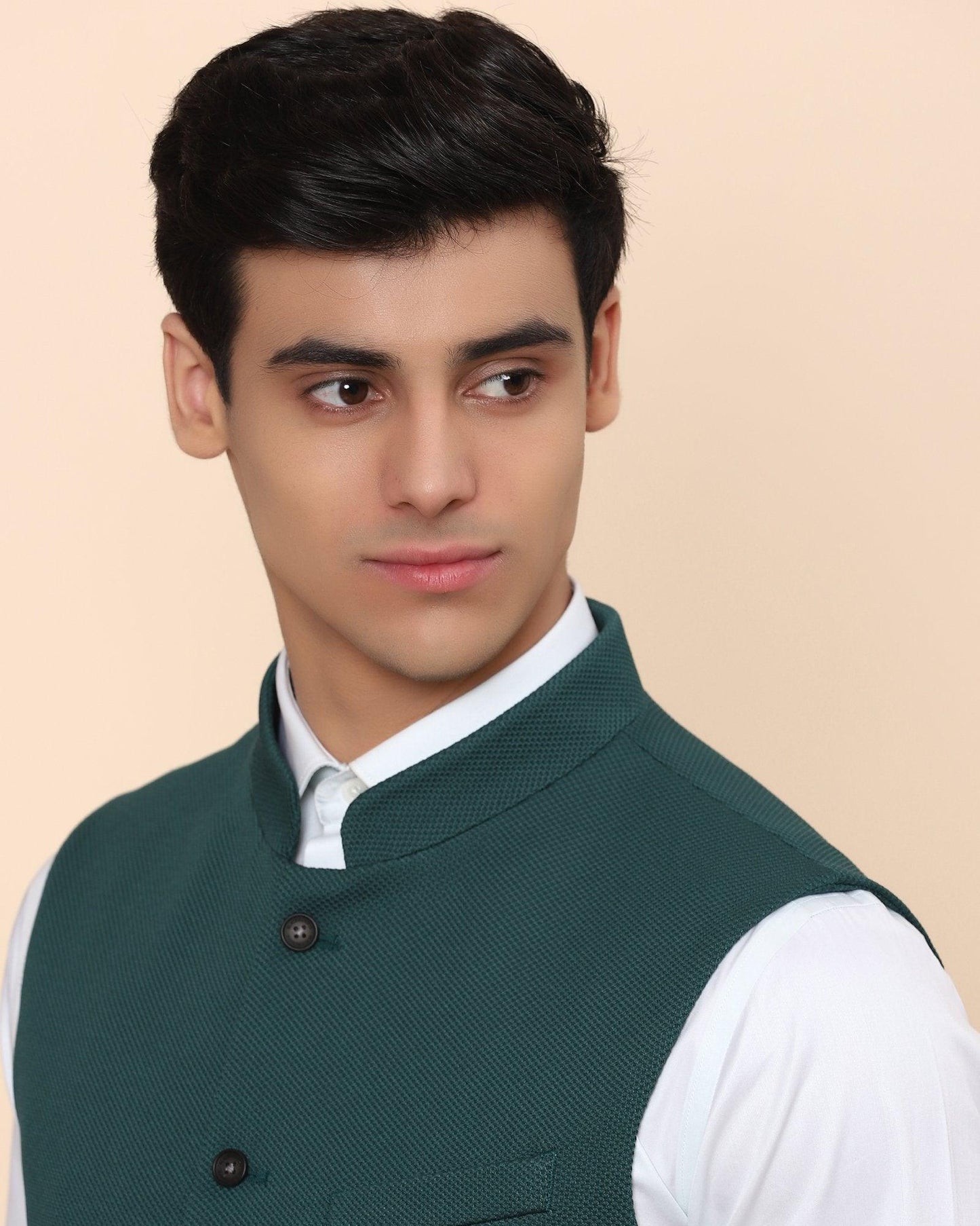 Bandhgala Formal Dark Green Textured Waistcoat - Vann
