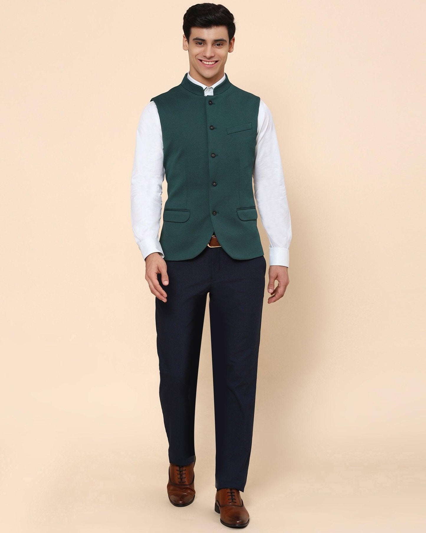 Bandhgala Formal Dark Green Textured Waistcoat - Vann