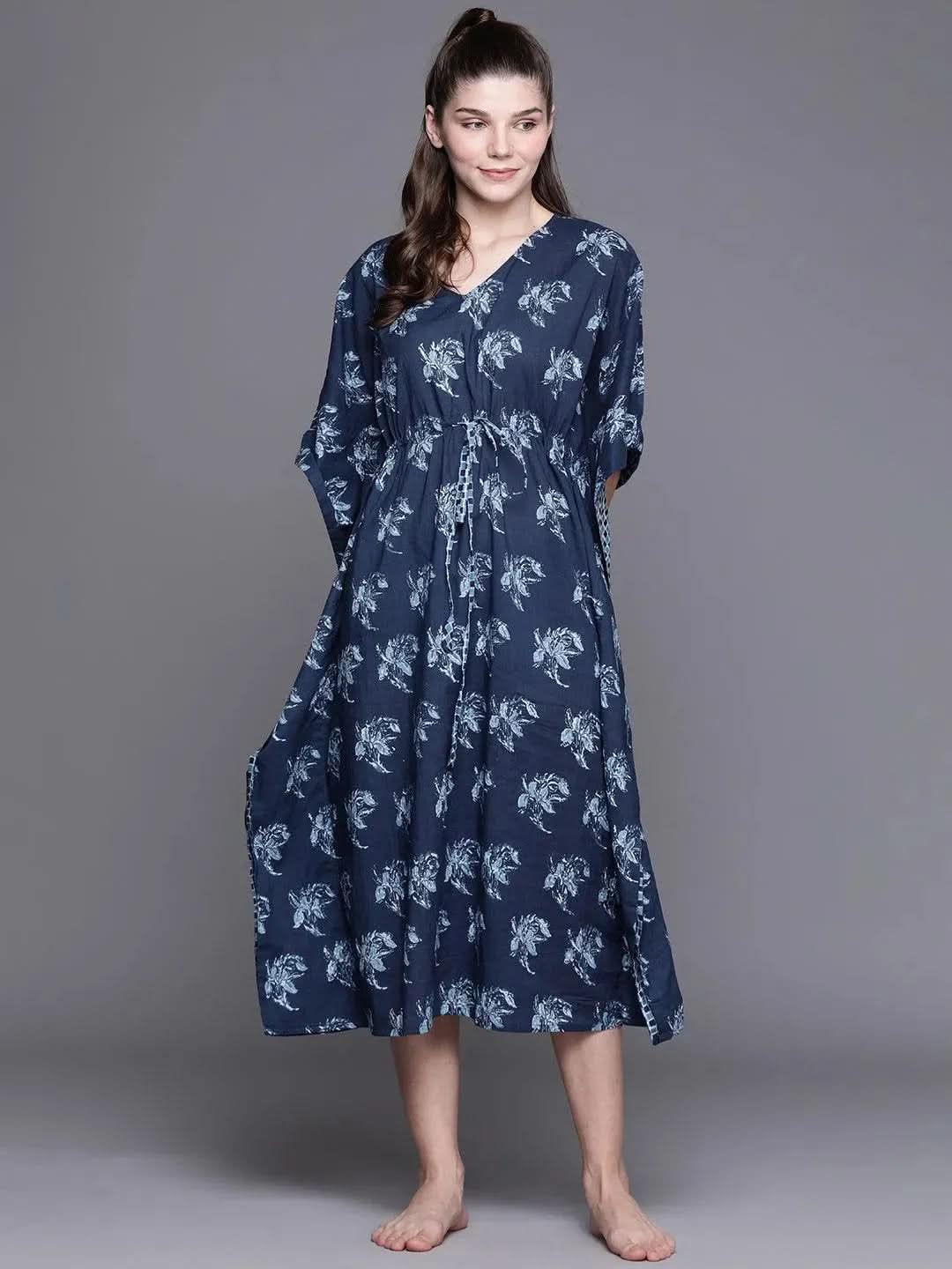 Blue Cotton Printed Kaftan Nightdress