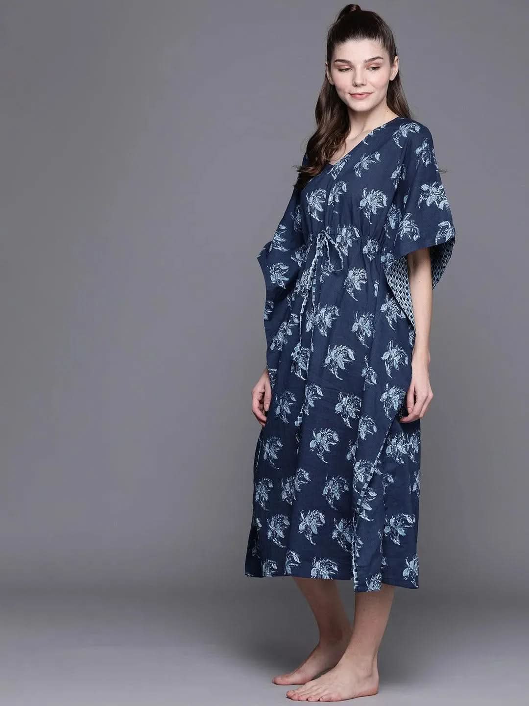 Blue Cotton Printed Kaftan Nightdress