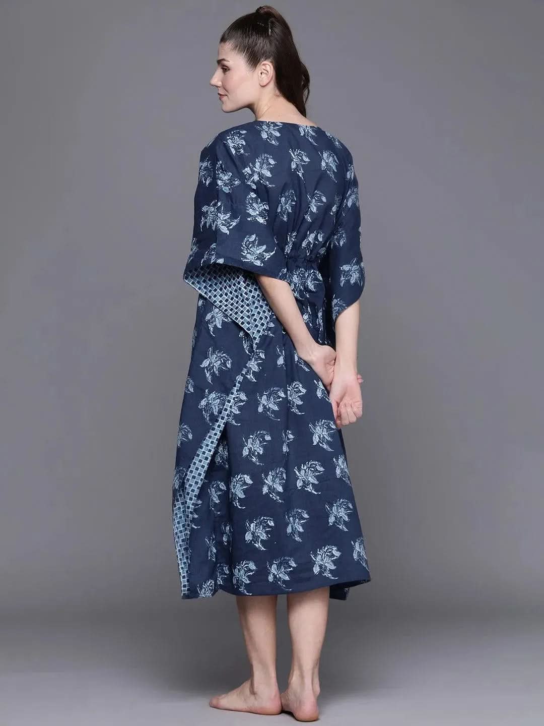 Blue Cotton Printed Kaftan Nightdress