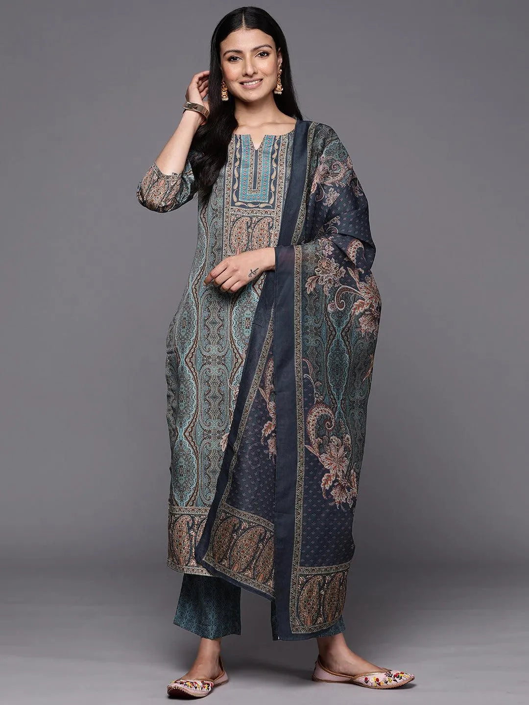 Blue Printed Crepe Straight Kurta With Trousers & Dupatta