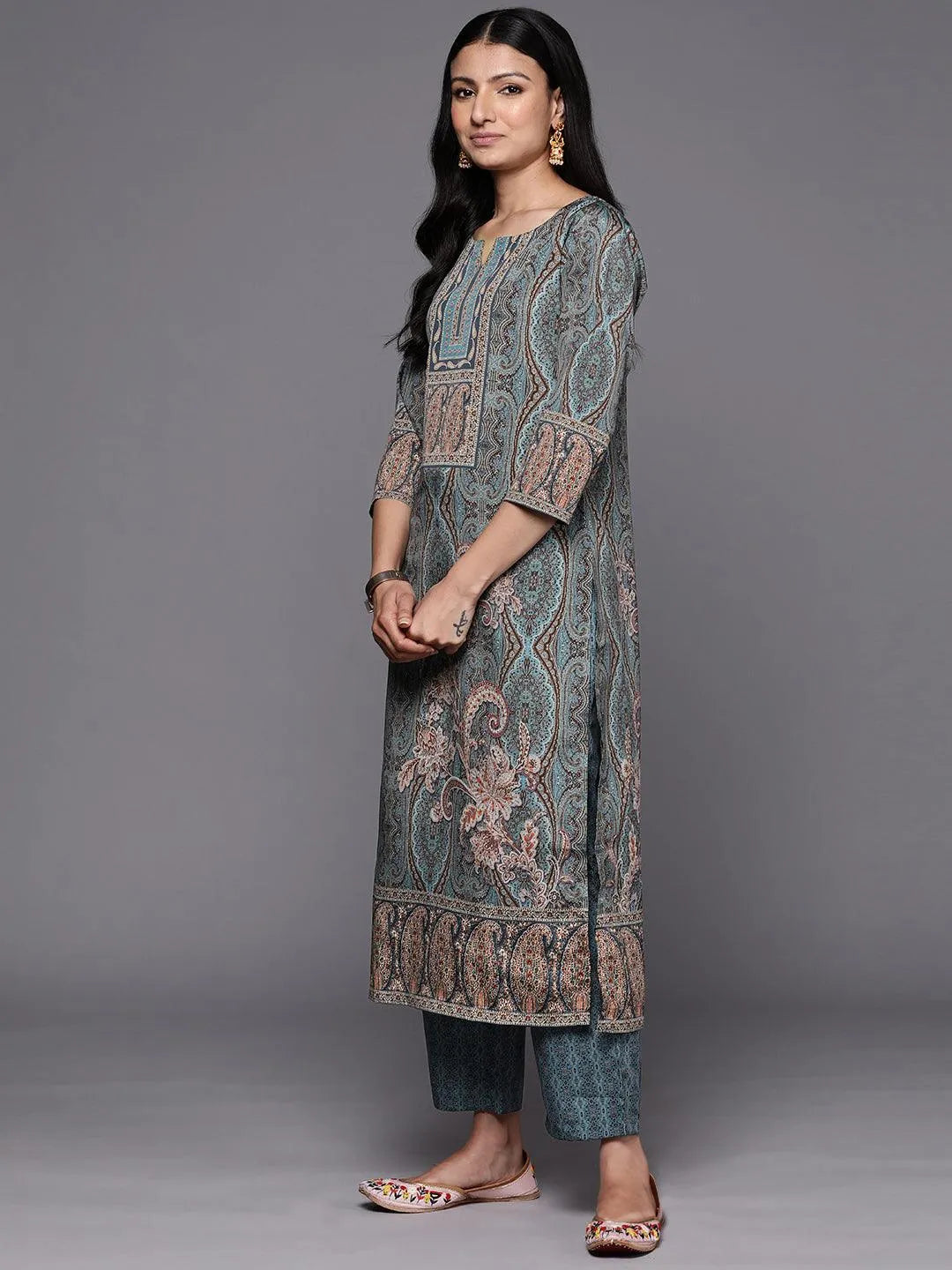 Blue Printed Crepe Straight Kurta With Trousers & Dupatta