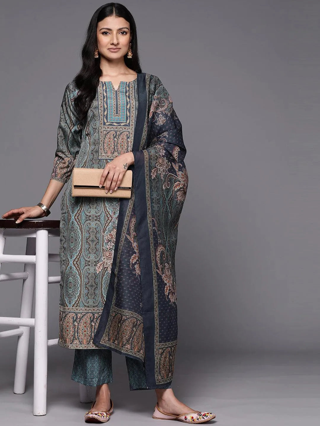 Blue Printed Crepe Straight Kurta With Trousers & Dupatta