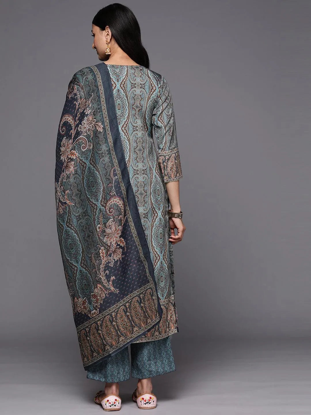 Blue Printed Crepe Straight Kurta With Trousers & Dupatta