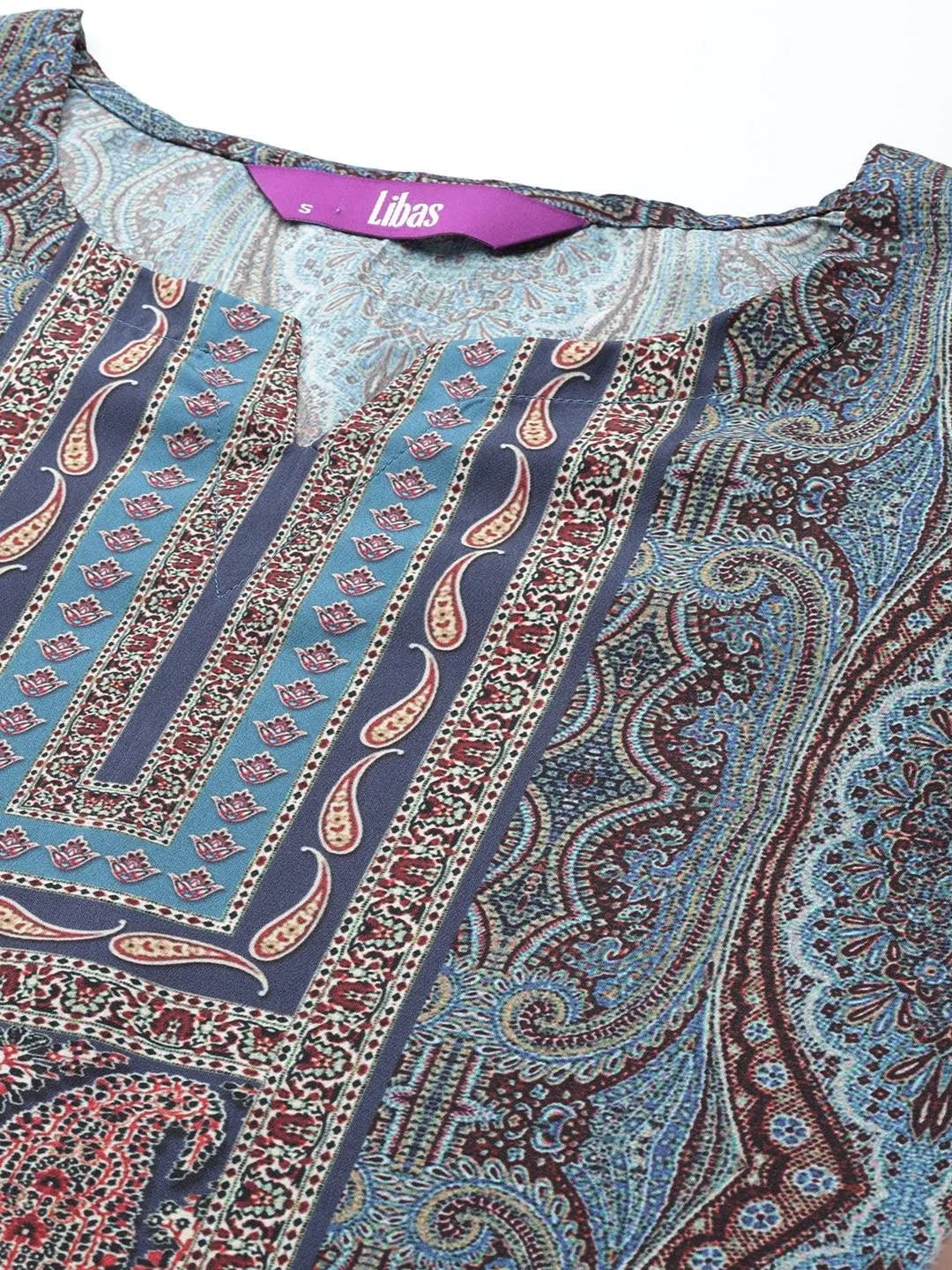 Blue Printed Crepe Straight Kurta With Trousers & Dupatta