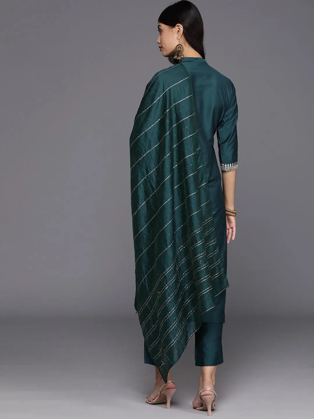 Blue Yoke Design Silk Blend Straight Suit With Dupatta