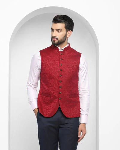 Bandhgala Formal Wine Jacquard Waistcoat