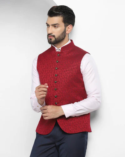 Bandhgala Formal Wine Jacquard Waistcoat